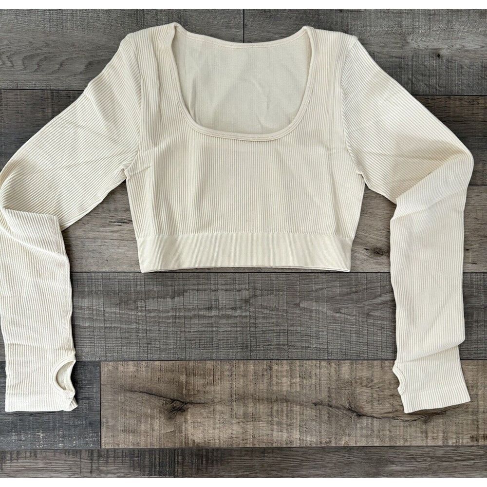 Womens Square Neck Long Sleeve Crop Top Workout Athletic Yoga Medium, Cream
